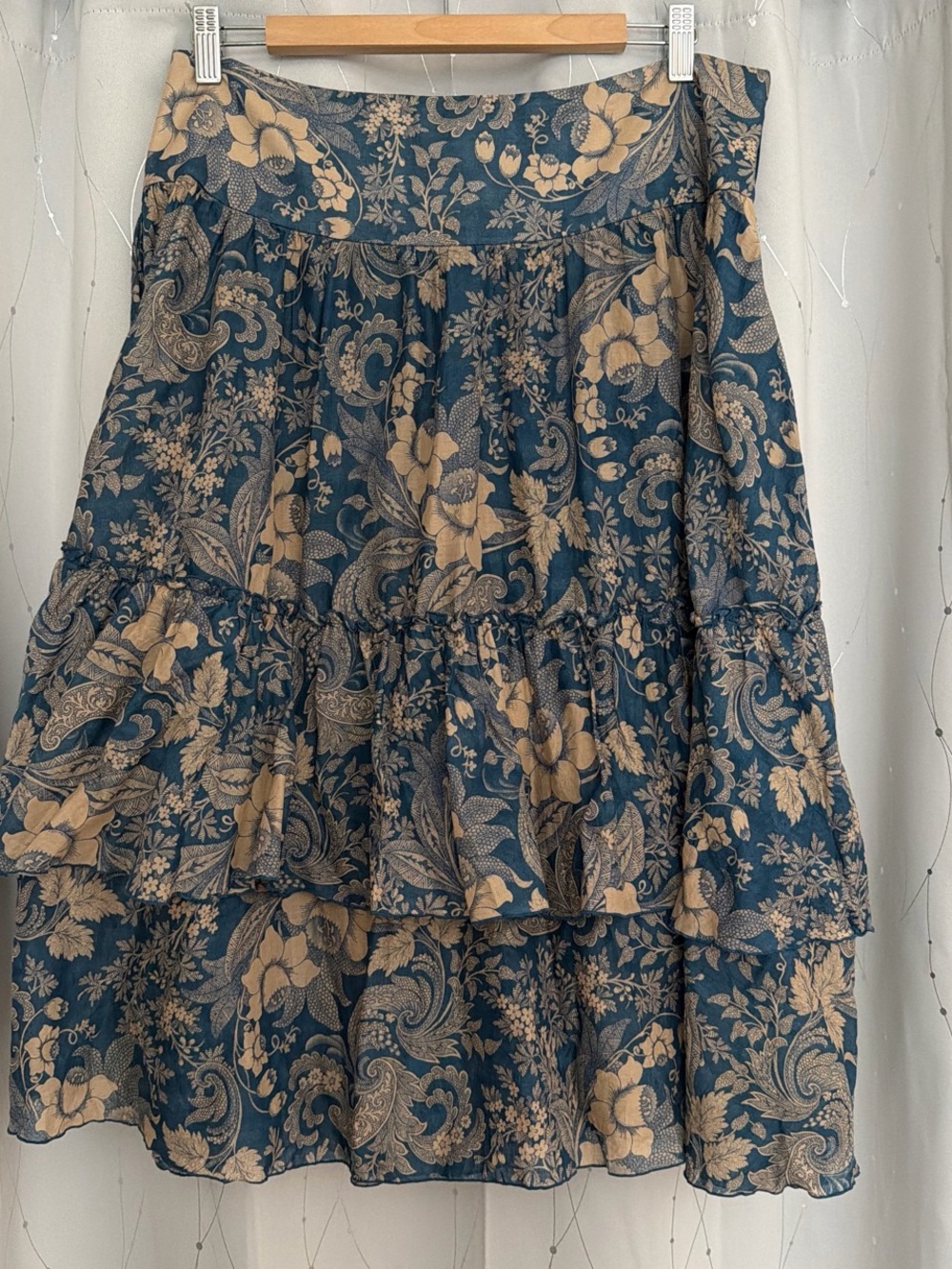 Ralph Lauren Teal and Beige Floral Tiered Midi Skirt